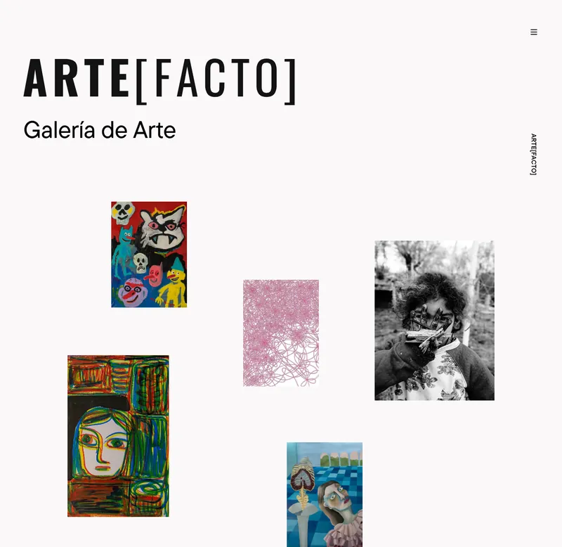 Arte[facto] website home: the logotype and a collage of artworks