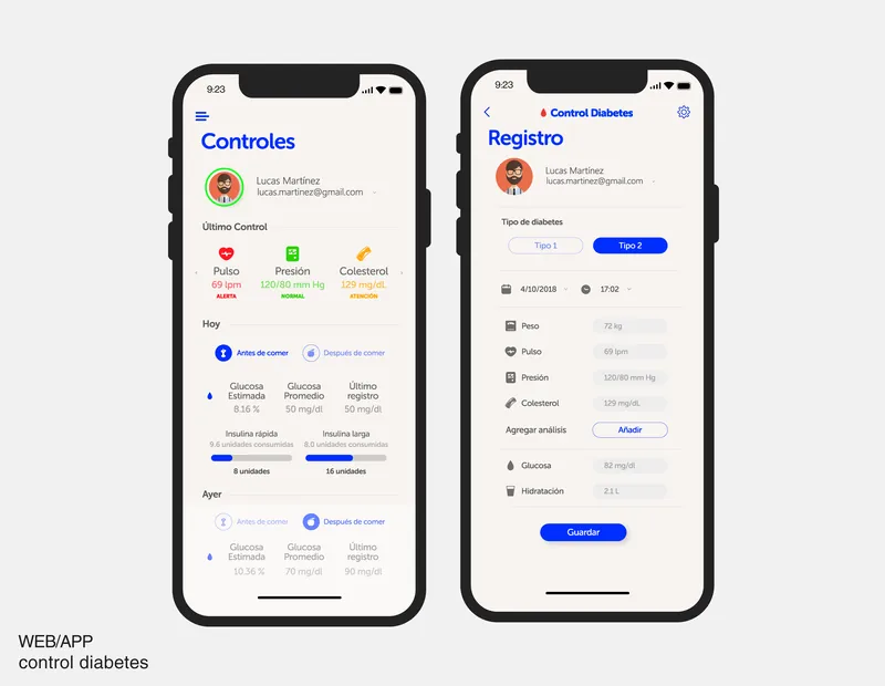 Two screens of a diabetes tracking app